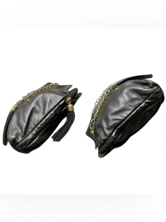 Via Veneto Vintage Black Leather Triple Compartment Tote Dual Gold Chain Handles - Picture 4 of 13